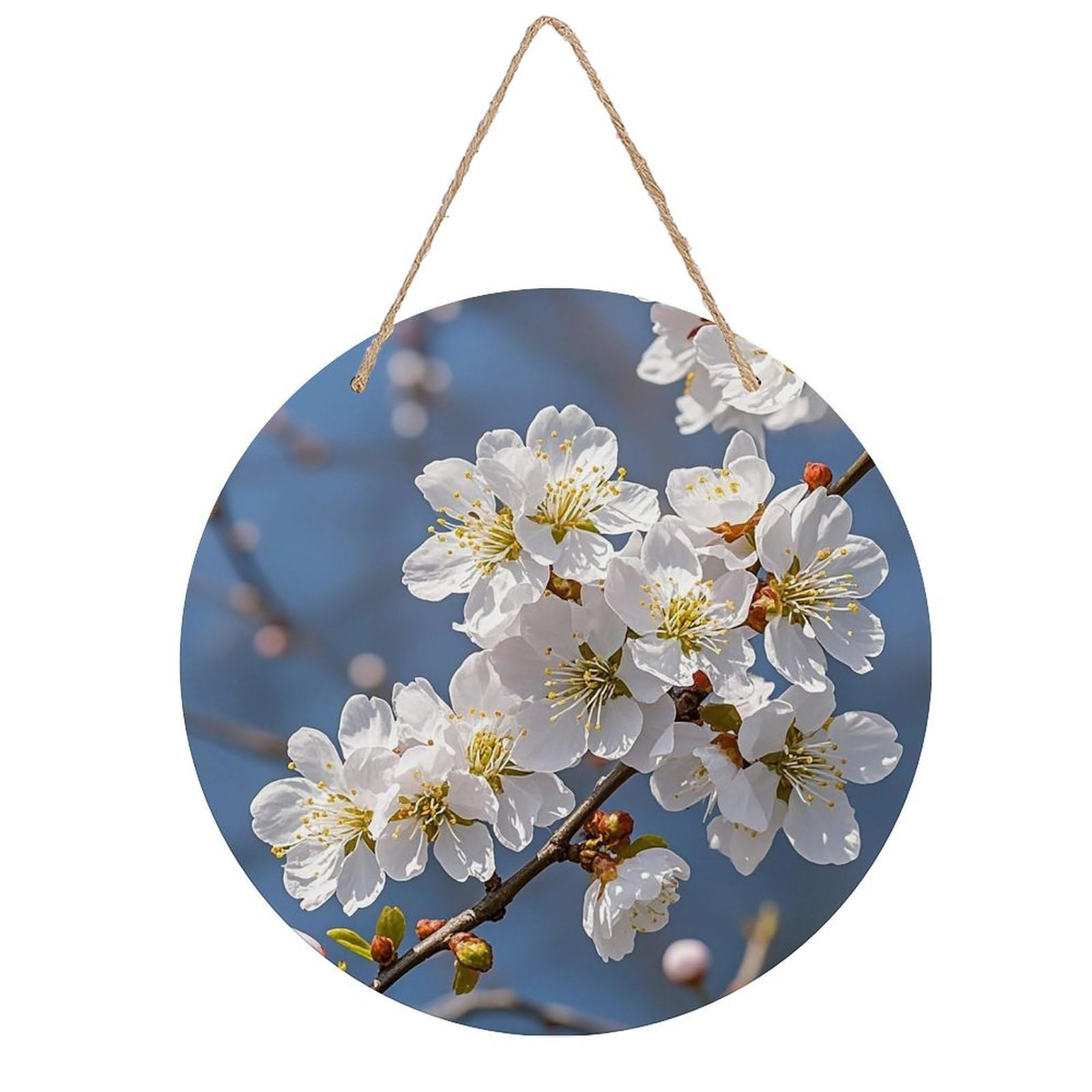 FekiLoot Round Japanese Floral Cherry Blossom Wall Art Decor Painting Wooden Hanging Sign with Ropes Bohemian Wall Hanging Retro Mid Century Modern Wall Art for Home Bedroom Living Room 7.9x7.9 in