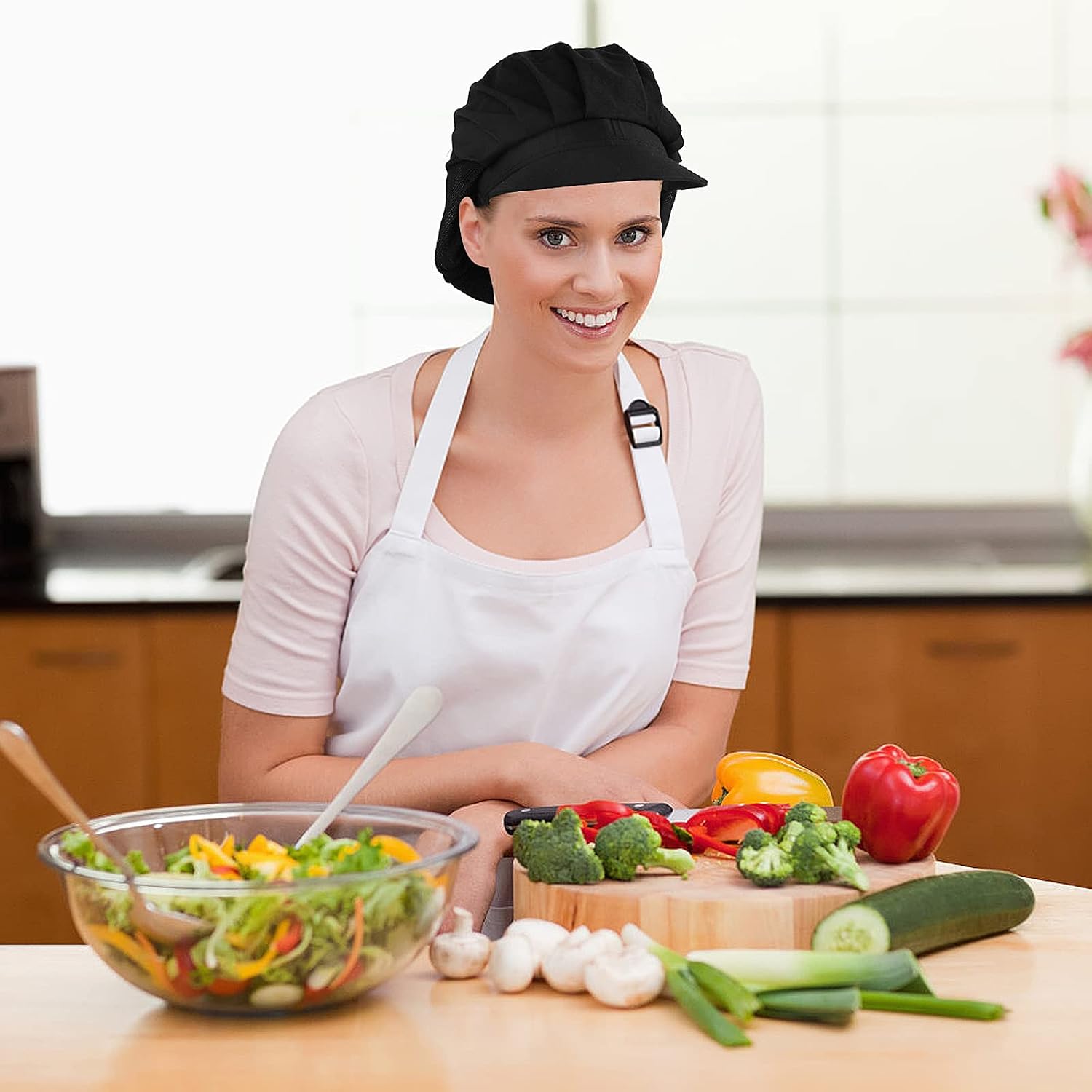 Lusofie 2Pcs Chef Hat Kitchen Baker Cooking Chef Cap Black Food Service Hairnets for Women Men with Brim