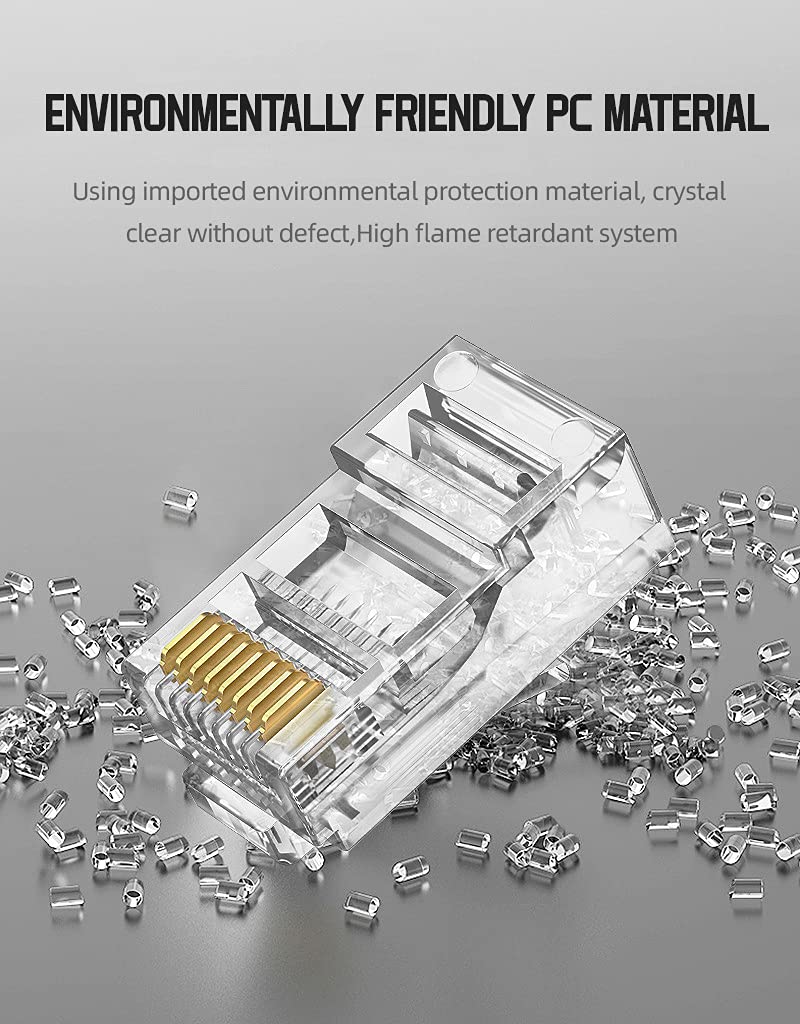 Hanutech Gold Plated Pass Through Copper Pin RJ45 Connectors 8 pin rj45 Connector UTP FTP Modular CAT5E CAT6 Connector 50U 8P8C Network Plug unshielded rj45 Crystal Plug (Pack of 100 Connectors) 1