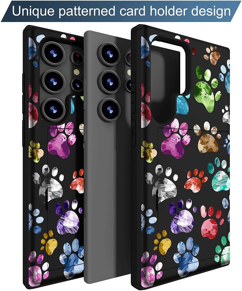 Compatible with Samsung Galaxy S25 Ultra Case Cute with Card Holder/Slim Wallet Phone Cover for Women/Colorful Doodle Paws Dog Craws Footprints Animal Watercolor - Image 2