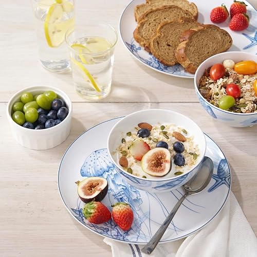 Miniatura 6 de Minh Long - Juego de vajilla costera de porcelana de 12 piezas, platos, cuencos, servicio para 4, resistente a astillamientos y arañazos, apto para