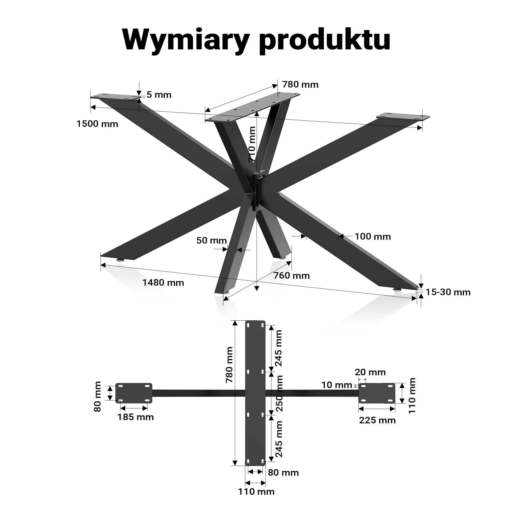 XPOtool Nogi do stołu metalowe w stylu loftowym 71x78x150cm industrialne, czarny stelaż typu spider, nowoczesne stalowe nogi do blatów stołowych