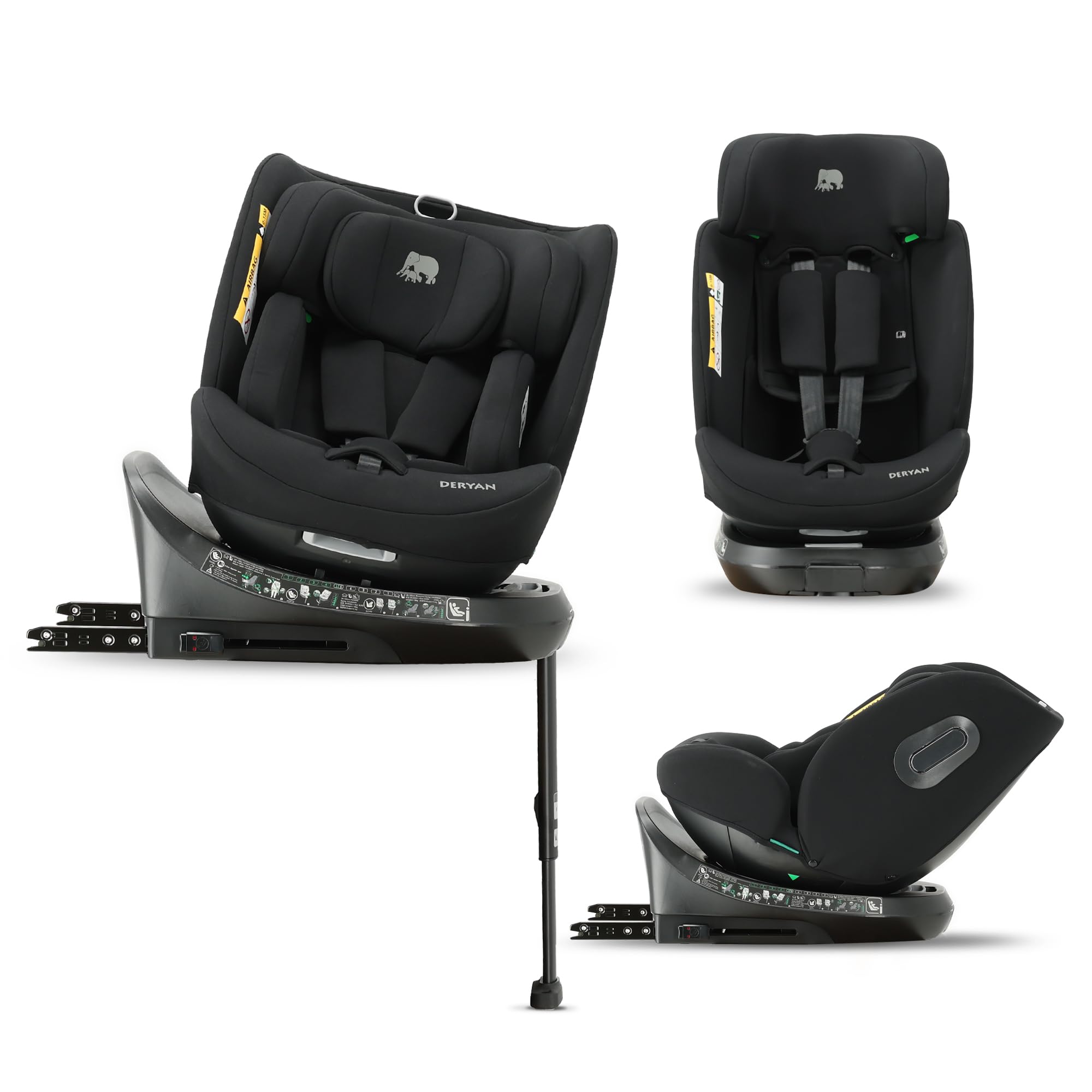 Deryan Carly 360° i-Size Kindersitz 40-150 cm, Drehbarer Autositz 0 bis 12 Jahre (0–36 kg) mit ISOFIX, Liegefunktion & Stützfuß, Gruppe 0+/1/2/3, ECE R129, Autokindersitz mit Gurtbefestigun (Schwarz)