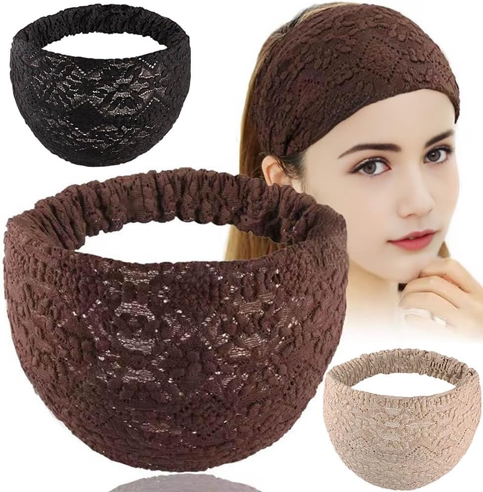 3 Pcs Wide Lace Headbands Elastic Head Wrap Stretch Hair Accessories Makeup Headband Elegant Hair Band for Lady Women Girls 3 Colors (Black, Beige, Brown)