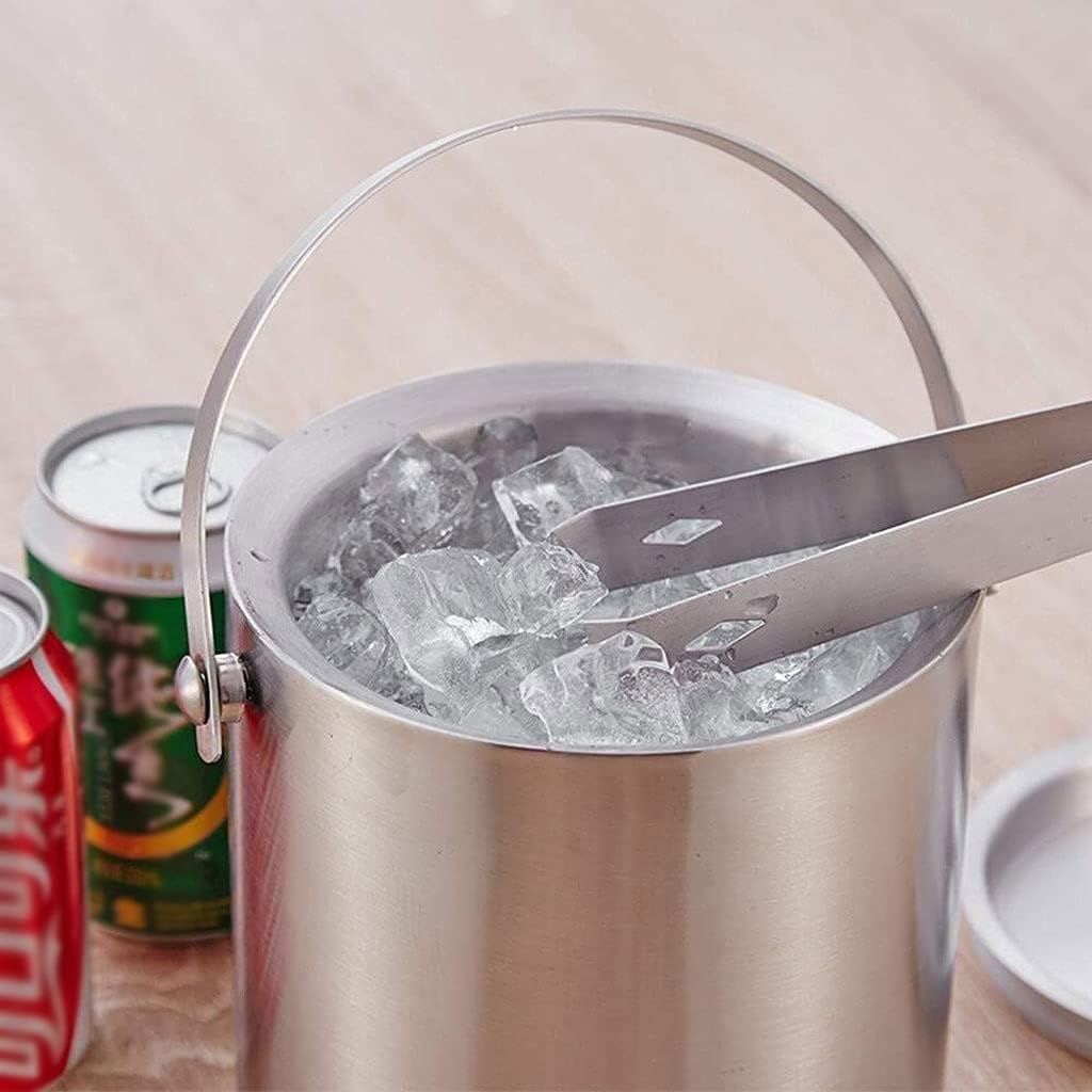Ice Bucket with Lid And Strainer Well Made Stainless Steel Wall Keep Longer Bonus Tongs(15.5 * 13cm)