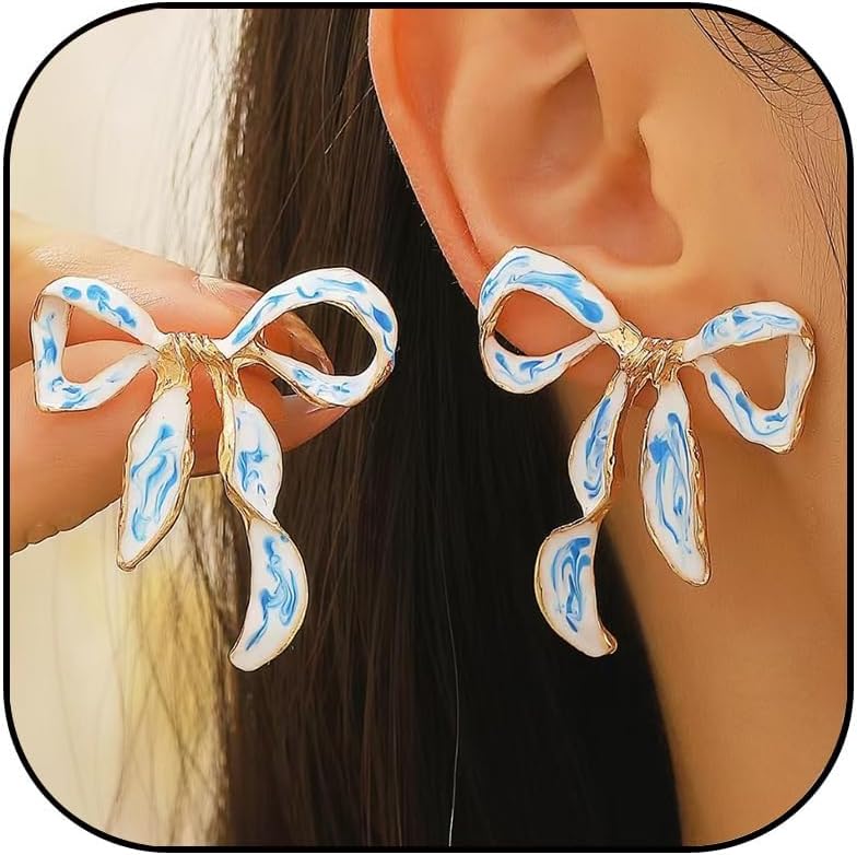 Blue and White Bow Earrings for Women Blue Porcelain Enamel Ribbon Stud Earrings Fashion Jewelry