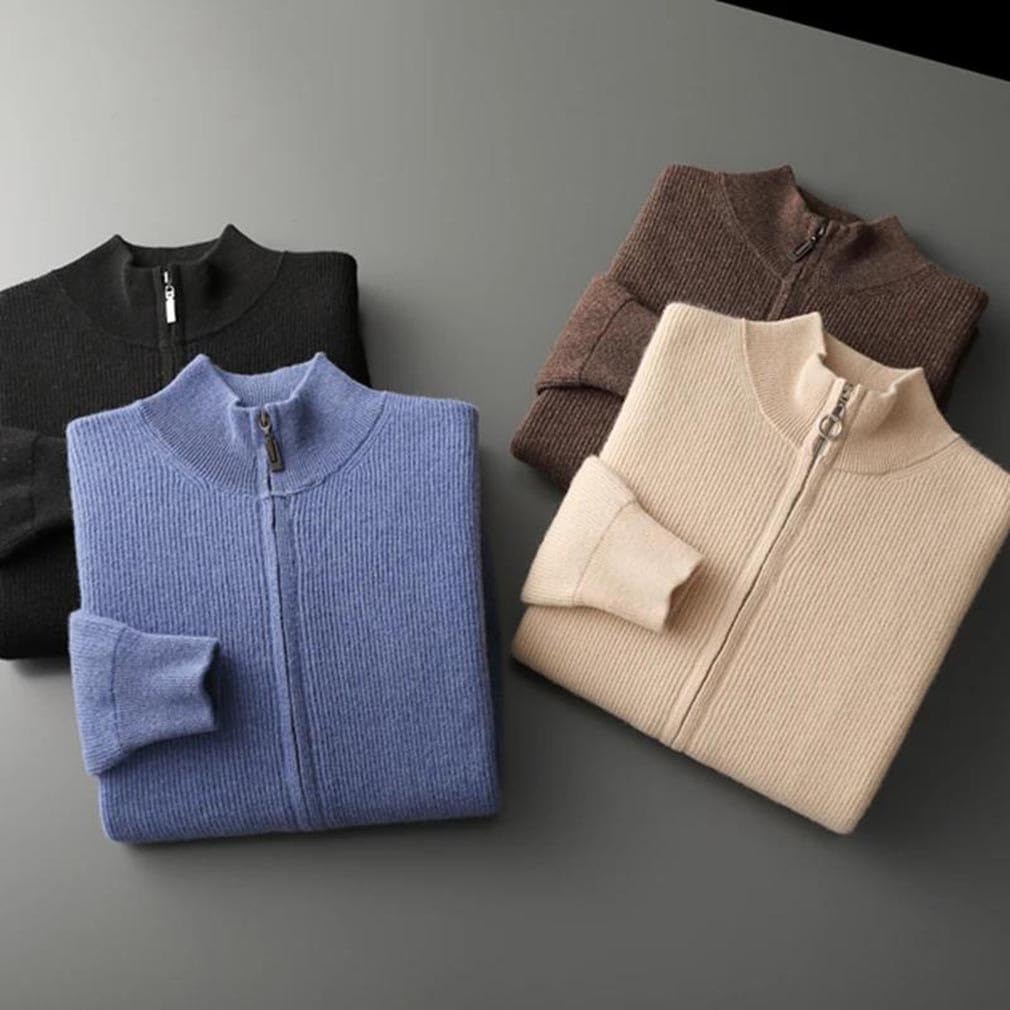 Men's Solid Wool Warm Sweater Stand Collar Thickened Cardigan Casual Knitted Top