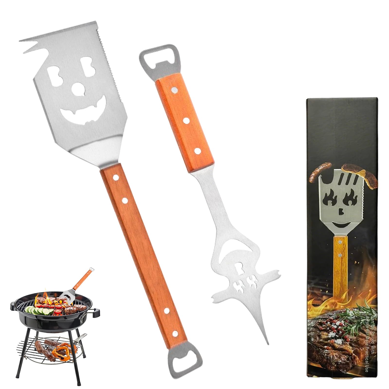 BBQ Tools Set, Ghost-Shaped 2 Pieces BBQ Tools with Spatula Fork Stainless Steel Barbecue Utensils Kit with Bottle Opener Serrated Edge for Outdoor Grilling Camping Unique Gifts for Men