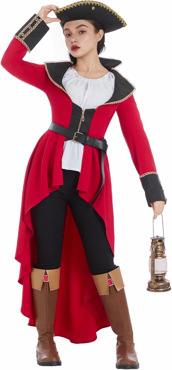 Cosplay.fm Women Pirate Costume Swashbuckler Captain Jacket Victorian Gothic Vintage Tailcoat with Parite Hat and Belt