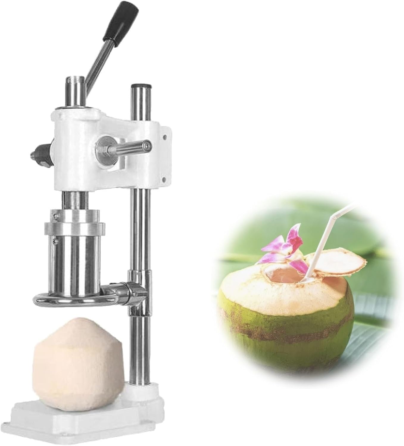 Coconut Opener Machine, Coconuts Hole Puncher Maker, Fresh Peeling and Opening, Manual, Adjustable Tool, Punch for Fruit Shop Home Use, Stainless Steel, Casting Base(White)