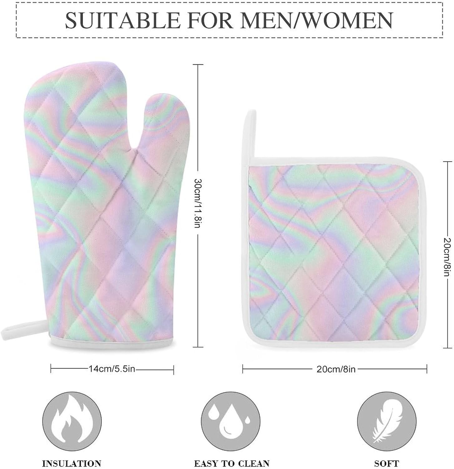Pastel Holographic Foil Print Oven Mitts and Pot Holders 3 Piece Sets Heat Resistant Gloves Hot Pads Potholders for Kitchen Baking Cooking