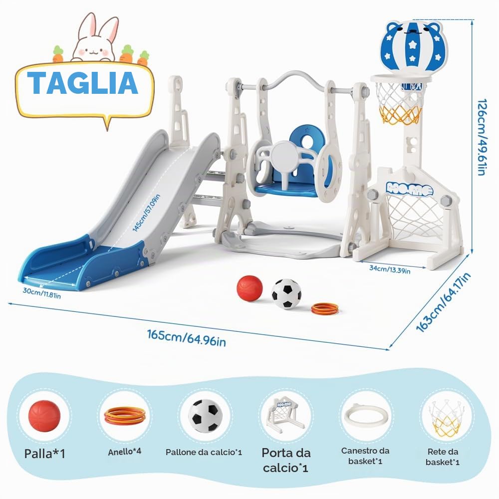 Lischwert Torre Gioco 6-in-1 con Scivolo e Altalena, Anti-ribaltamento per Bambini da 1 Anno, Scala, Canestro & Porta, Interno Esterno Blu-Beige