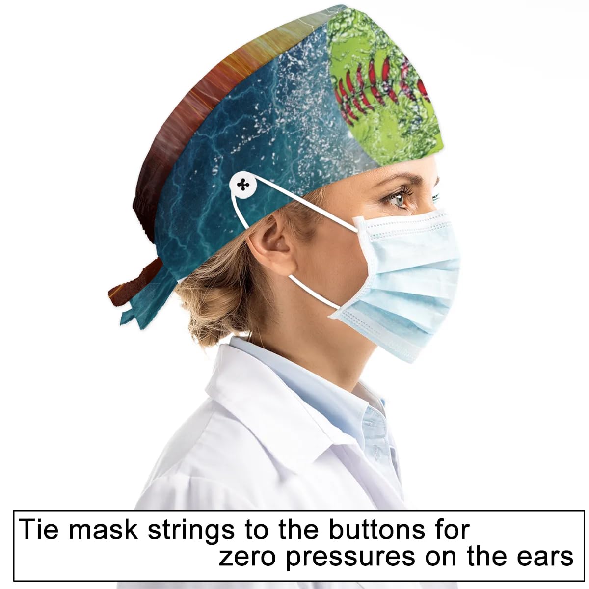 Mularoka Water Fire Tennis Working Caps with Button Sweatband Comfortable Adjustable Bouffant Hats Work Hat for Women Men