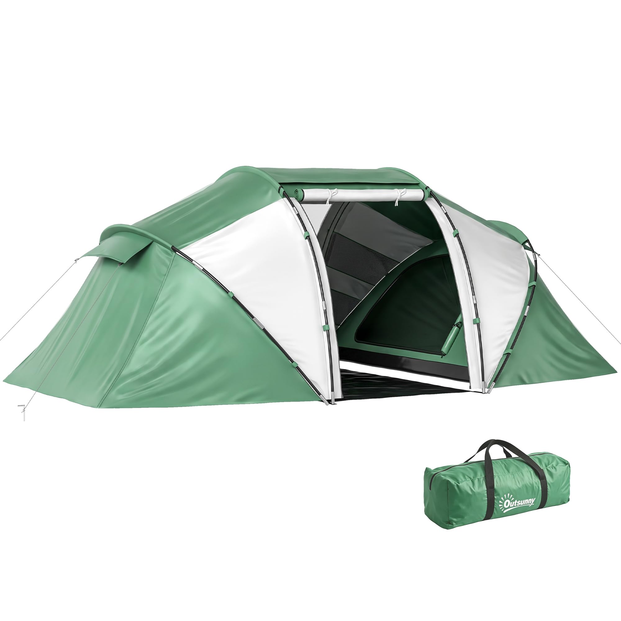 Outsunny 4 Man Camping Tent, UV Protection Tunnel Tent with 2 Bedrooms and Living Area, Large Hiking Sun Shelter, 430 x 240 x 170 cm, Green and White
