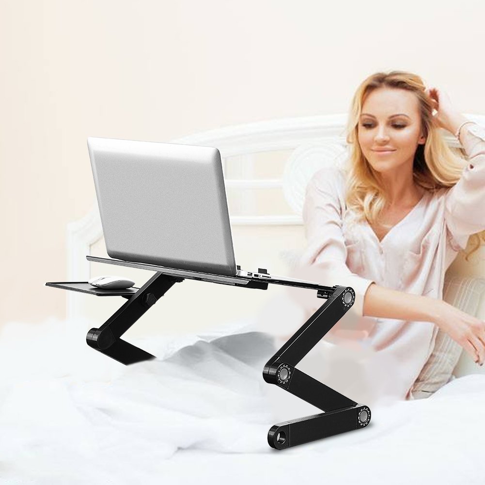 Table de Lit Ordinateur Portable Pliante, Table de Lit en Aluminium Réglable 360° Lap desk Canapé Inclinable Petit déjeuner pour Lecture, double ventilateur + plateau de souris, 15Kg Charge