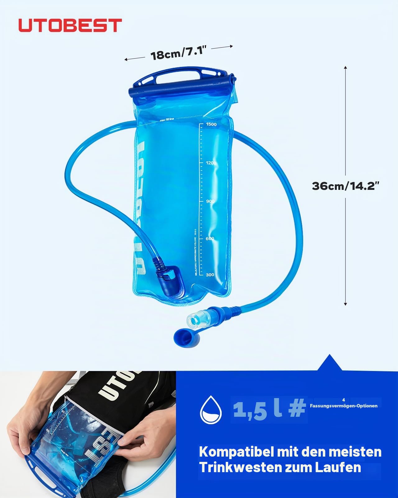 UTOBEST Trinkblase 1L/1,5L/2L/3L Wasserblase für Trinkrucksack, BPA-frei Auslaufsicher Wasserreservoir für Laufen, Wandern, Radfahren