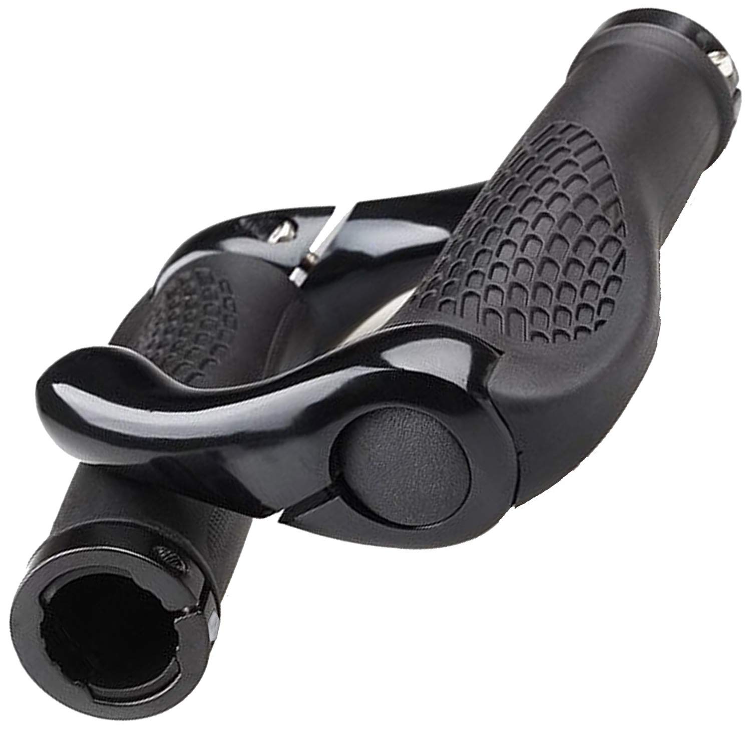 Bike Grip Ergonomic Design Rubber MTB Mountain Bike Handlebar Grips with Bar Ends Horns, Suitable for 22mm Bike Handlebar with Free Grips Wrench (Black)