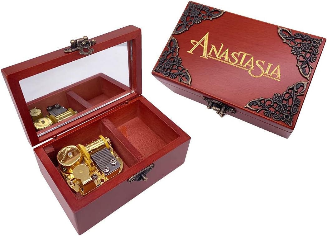 Anastasia Jewelry Music box with Mirror Carved Wood Musical Box Wind up Gift Box Play Once Upon A December,Gold Movement