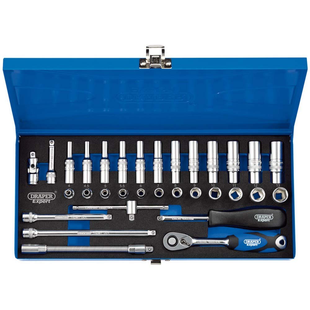 DRAPER Steckschlüssel-Set Metrisch – 32-teilig Im Metallkasten, 1/4 Zoll Antrieb, Blaues Etui
