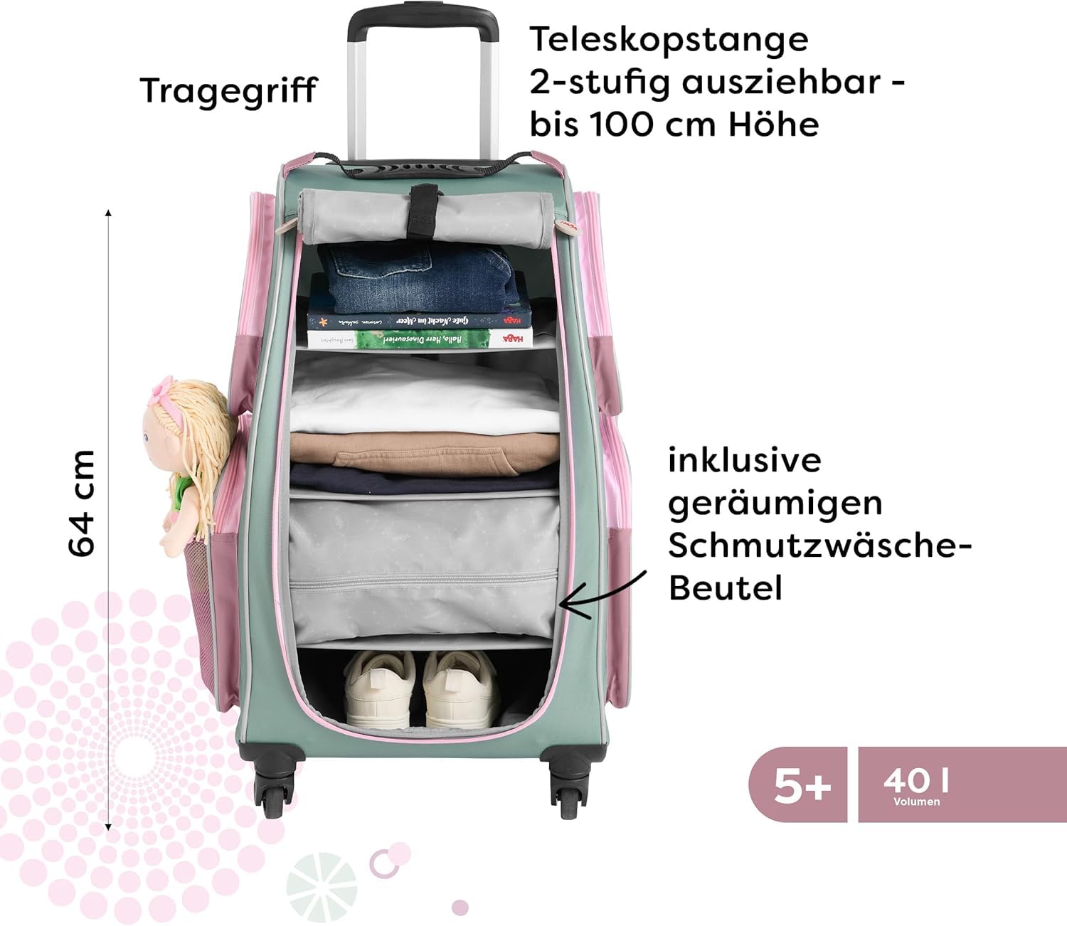 HABA Kinder-Schranktrolley Salbei mit 4 Rollen – Kinderkoffer aus recyceltem Polyester mit Schmutzwäschebeutel, 3 herausnehmbaren Böden und 4 Reißverschluss-Außentaschen – 2012724002