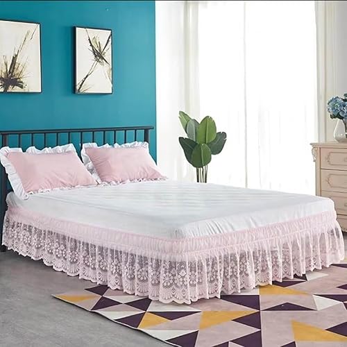 Miniatura 3 de Envoltura de cama elástica con ribete de encaje, falda de cama con volantes de fácil ajuste, color blanco (beige, King)