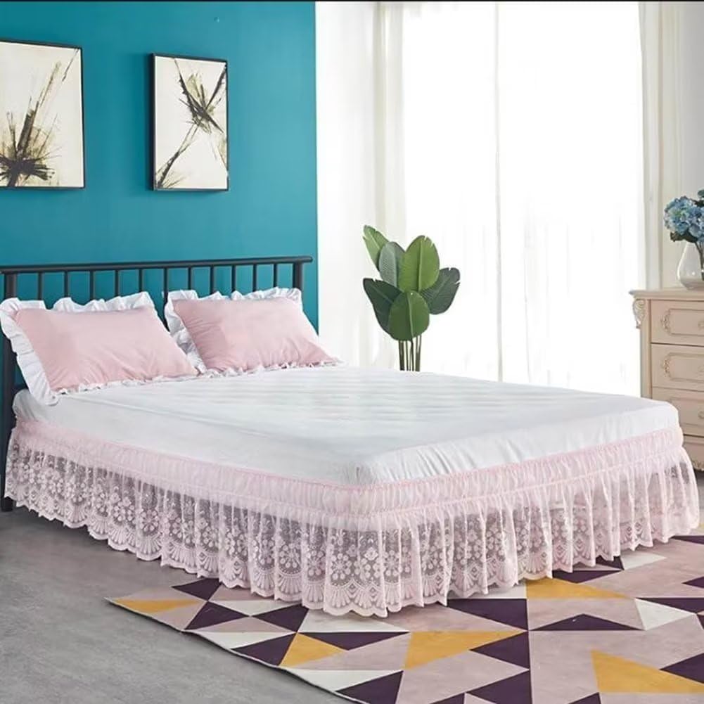 DREFEEL Lace Trimmed Elastic Bed Wrap, Easy Fit Dust Ruffle Bedskirt, White (Pink, Queen)-image-18