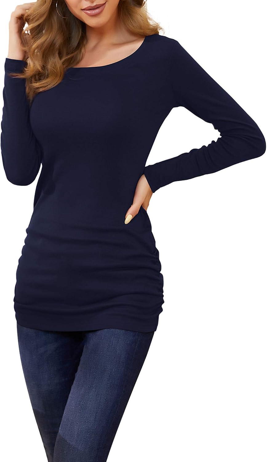 TORARY Women's 2025 Casual Long Sleeves Slim Fit Crew Neck Ruched Tunic Top T-Shirt Dress