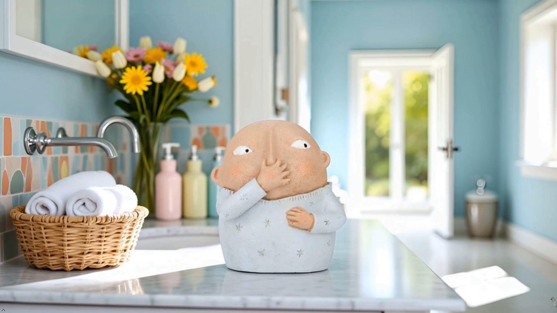 Estatua de niño sujetándose la nariz para baño azul pequeño miniatura 7
