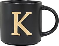 COLLECTIVE HOME 15oz Monogram Ceramic Mug - Golden Initial K Black Coffee Cup, Elegant Double-Sided Alphabet Tea Mug with Gift Box