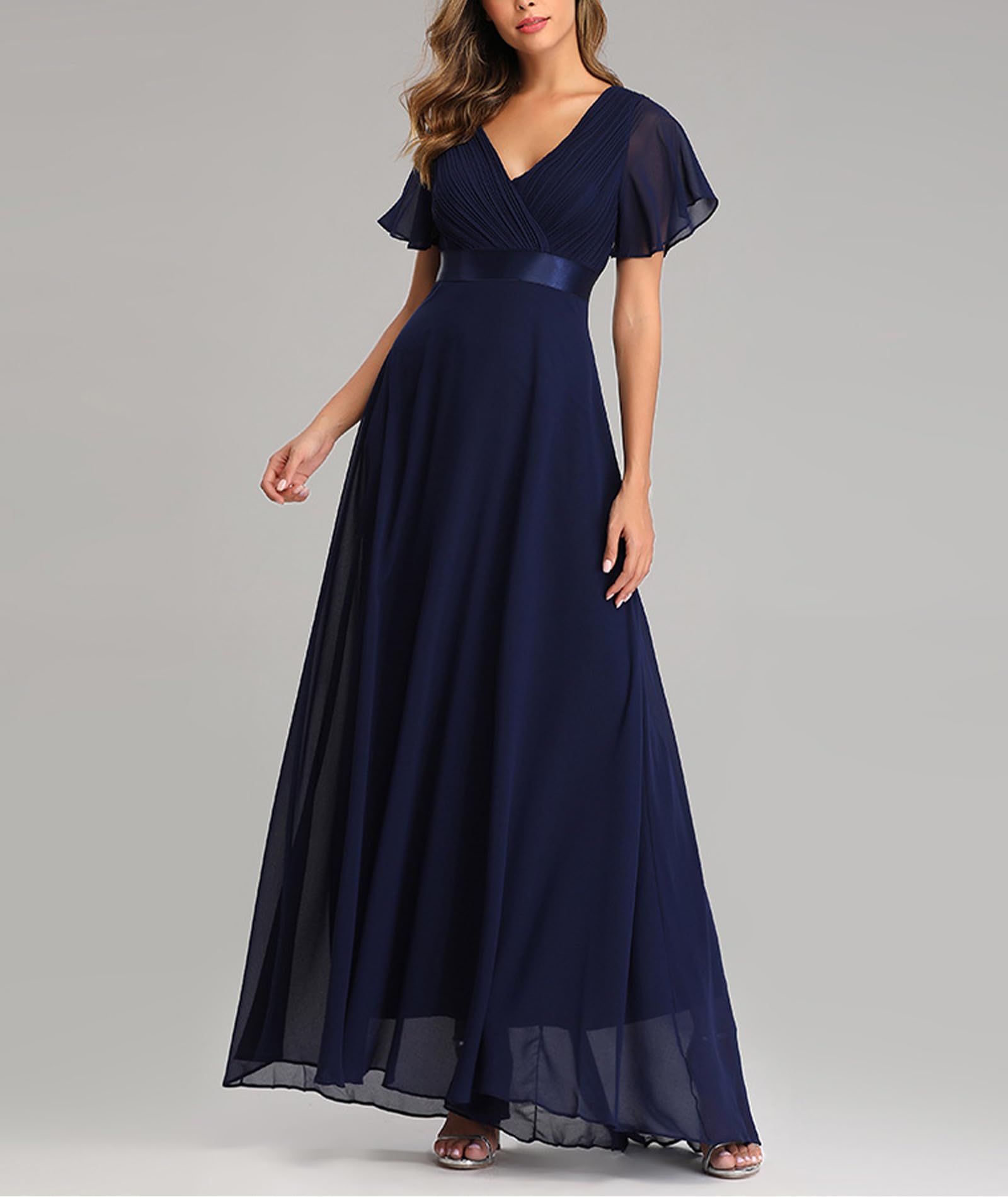 ECDAHICC Damen Abendkleider Gürtel V-Ausschnitt Hohe Taille A-Linie Chiffon Brautjungfernkleid Elegant Lang Ballkleid