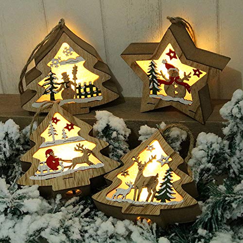Christmas Light Hanging Ornaments Xmas Light Wooden Decorations Christmas Tree Santa Claus Deer Stars Wooden Pendant With Light Party Favors Decor Supplies（Santa Claus） #TOP3