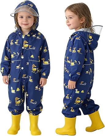 Kids Rain Suit Toddler One Piece Waterproof Muddy Buddy Coverall, All Weather Hooded Puddle Suit for Boys Girls 1-8 Years