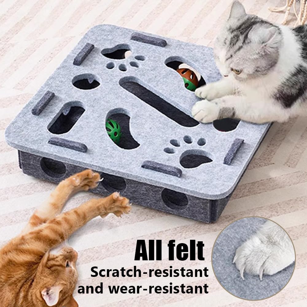 Giocattolo Puzzle per Gatti, Labirinto Gioco Interattivo per Gatti in Feltro Morbido con 2 Palline a Forma di Campana, Scatola Giocattoli Interattivi per Gatto Esplorazione, Stimola la Curiosità