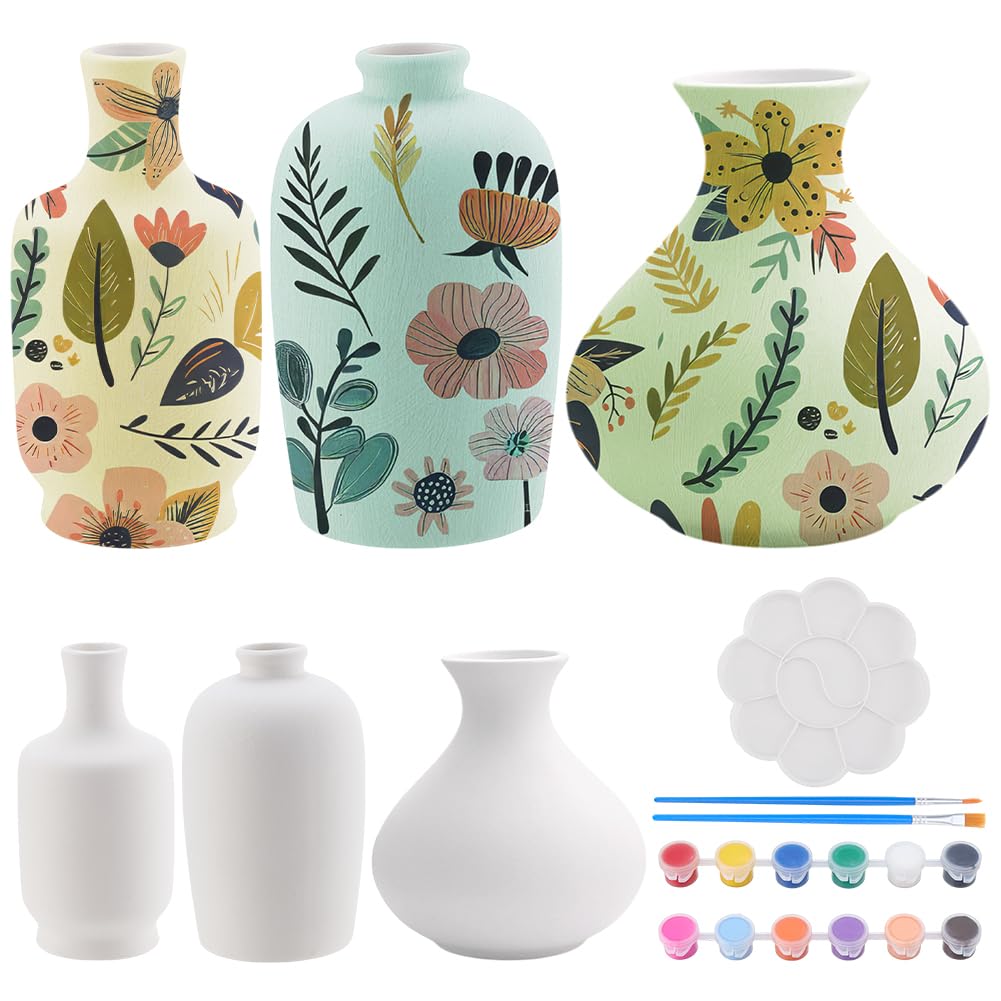 WEBEEDY 3 Sets DIY Ceramic Vase Painting Kit, Vase Pot Pottery Painting kit at Home Paint Your Own Ceramic Pots Vases Painting Arts Crafts Kit for Fun Activity Desk Table Home Decor Creative Gift