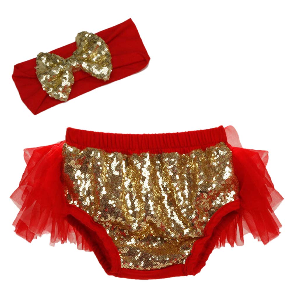 Bfsports Toddler Baby Girls Cotton Sequins Diaper Cover Tulle Bloomers Shorts and Headband Sets Red Gold 6-12 Months