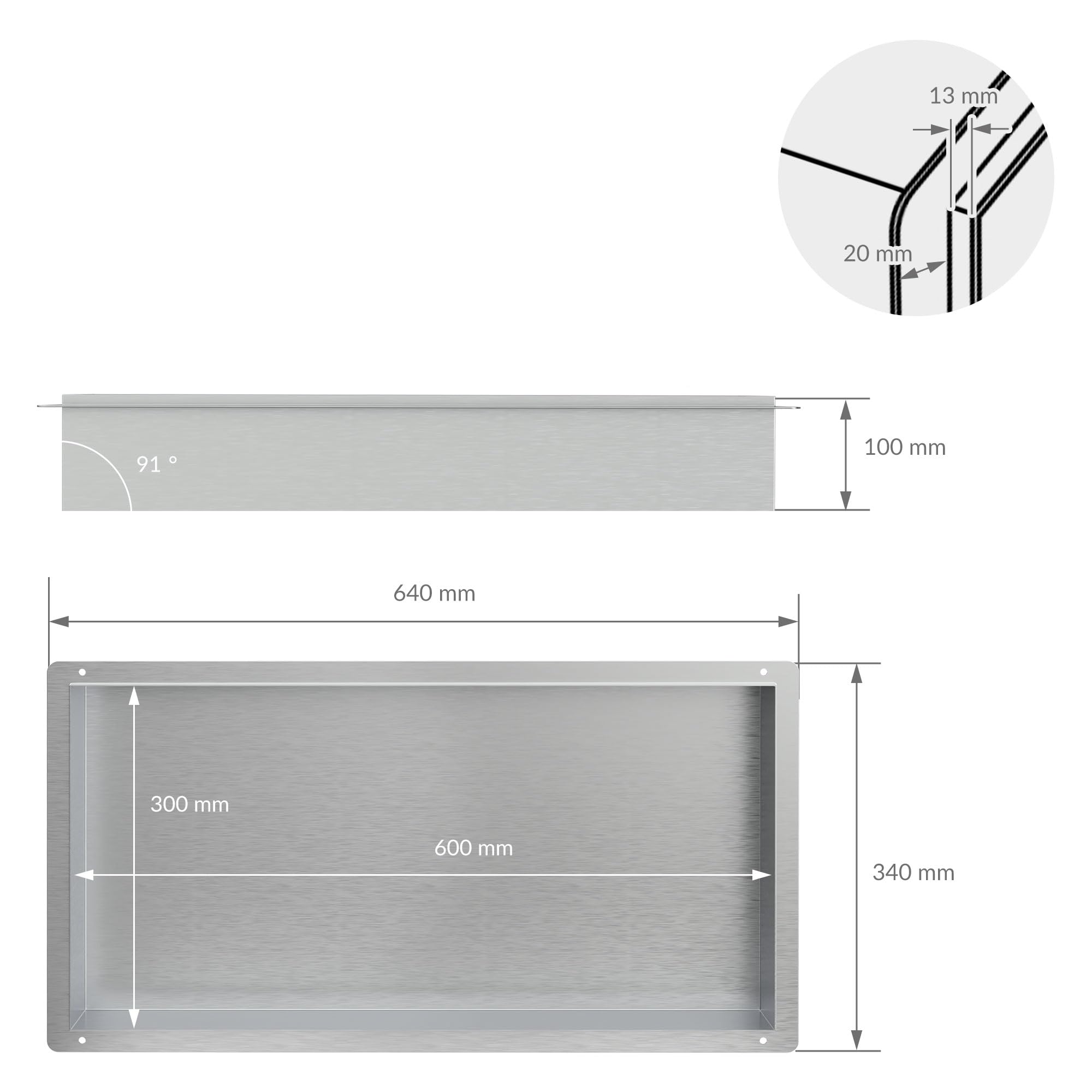 LuxeBath Nicchia a Parete senza Cornice in Acciaio Inossidabile 60x30x10 cm Argento per Bagno