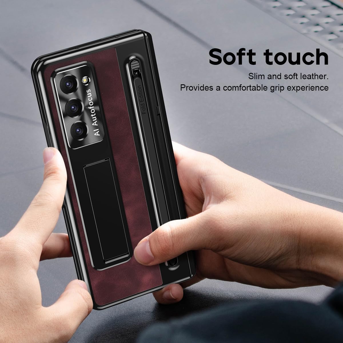 for Samsung Galaxy Z Fold 6 Case with Slim S-Pen Holder & Capacitance Pen, Kickstand Premium Jazz Retro Leather Soft Touch Shockproof Hard Full-Body Screen Hinge Protection -Red