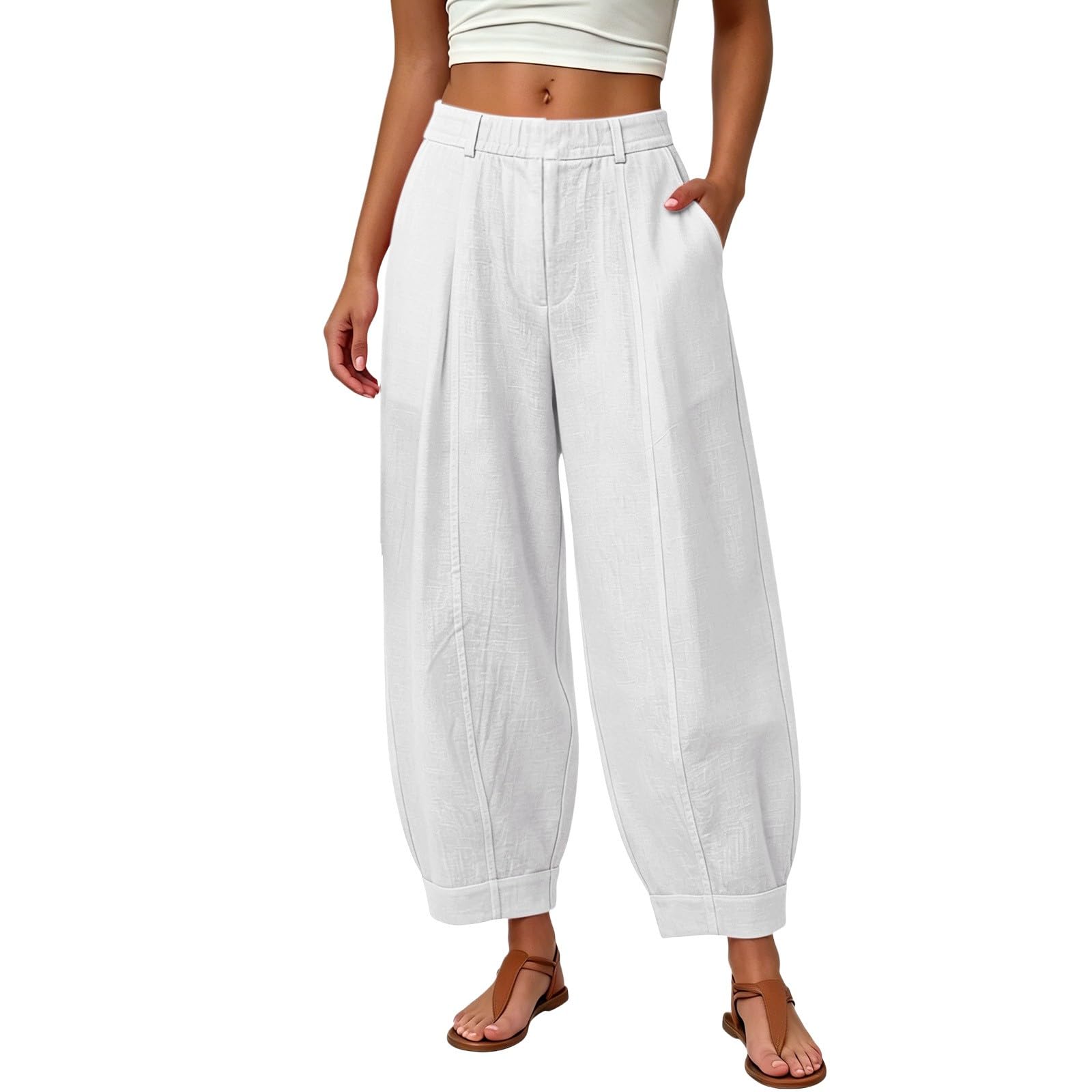 Leichte Hosen Damen Sommer Lang Hoher Breiter Elastikbund Sommerhose Palazzo Einfarbig Ballonhosen Leinenhose Luftiger Stoff Stoffhose Freizeithose Seitentaschen Für Outdoor Und Urlaub