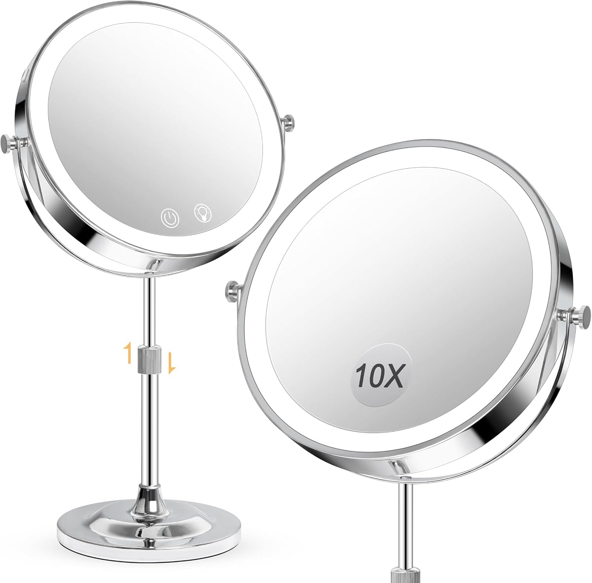 Espejo de maquillaje de 9 pulgadas con luces, espejo de tocador recargable de 5000 mAh, espejo de aumento de doble cara 1X/10X con altura ajustable, espejo de maquillaje iluminado con atenuación continua de 3 colores, regalo para mujeres