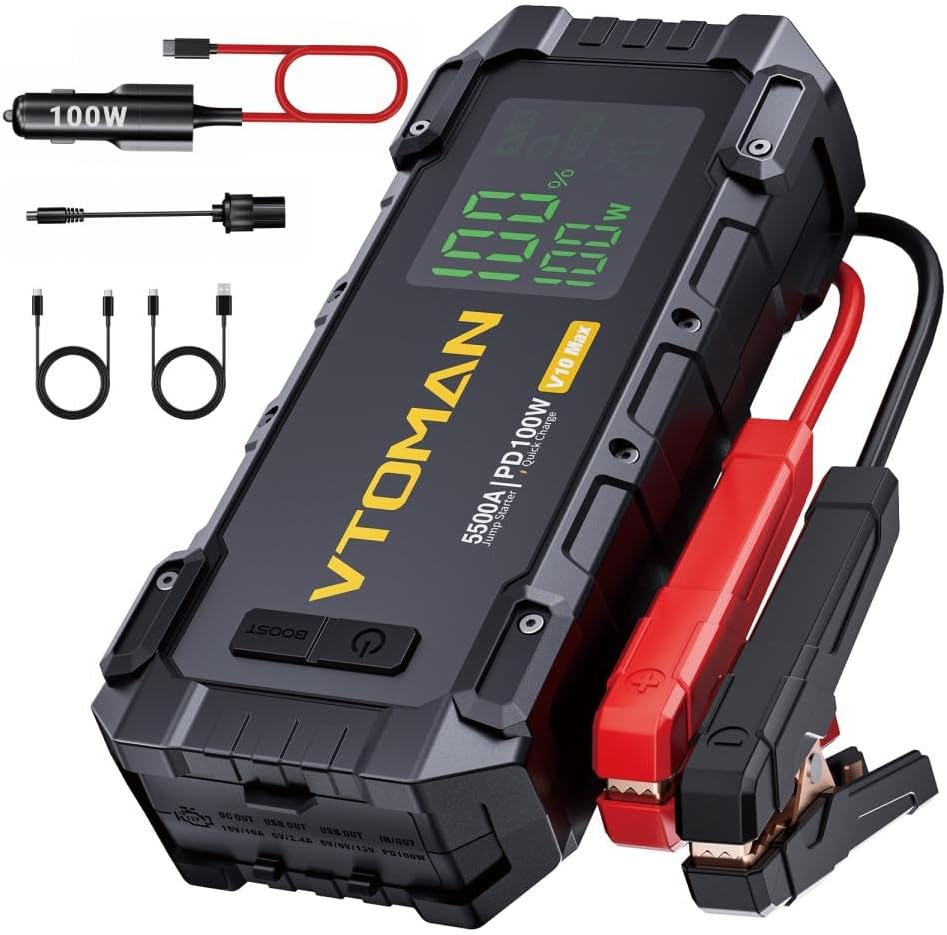 VTOMAN V10 Max 5500A Arrancador de salto con cargador rápido USB-C de 100 W, batería de coche, arrancador portátil para todos los motores de