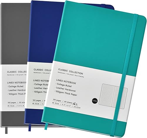 Paquete de 3 cuadernos A5 clásicos con rayas universitarias de tapa dura con forro de piel sintética para oficina, hogar, escuela, negocios, 8.3 x