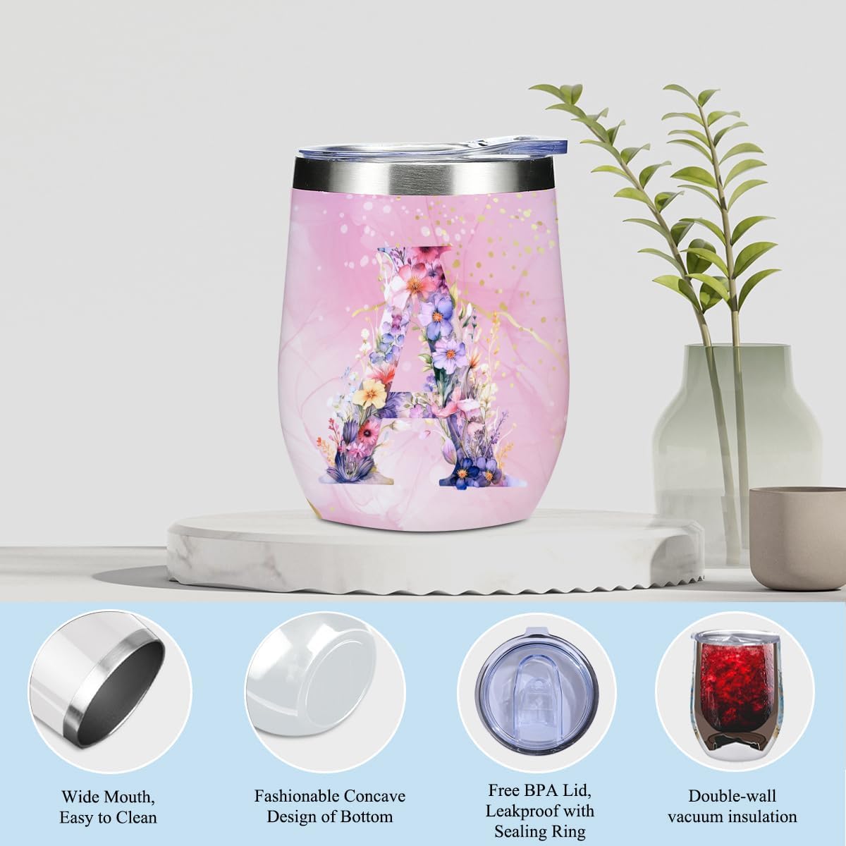 Personalized Gifts Monogrammed Birthday Gifts for Women, Bridesmaid Bachelorette Party Wedding Christmas Initial Wine Tumbler Makeup Bag Scented Candle Bracelet Set, (Aesthetic Pink Flower A) - Image 3