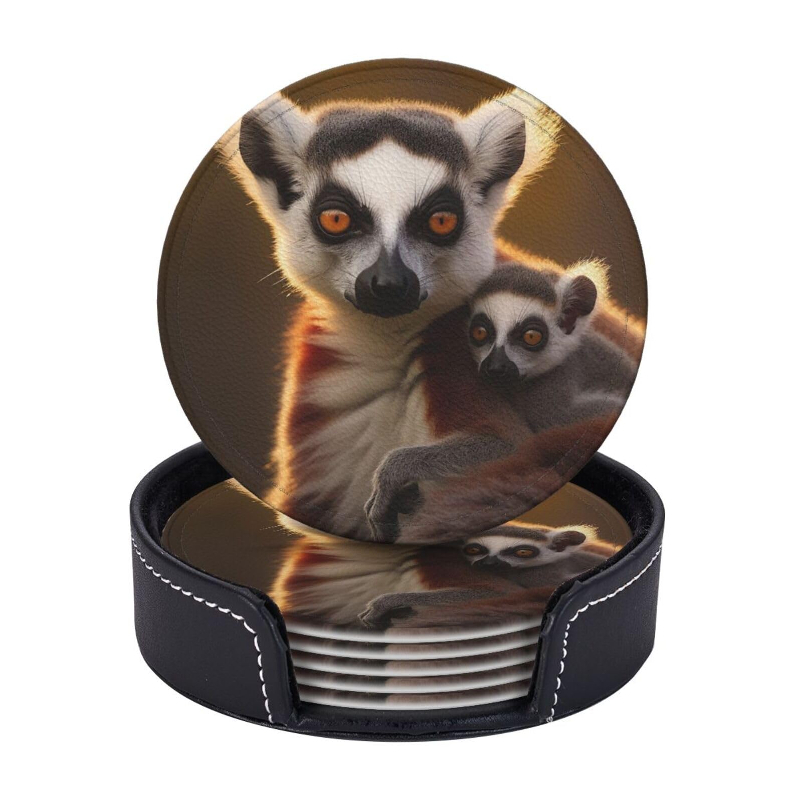 Coasters Set of 6 Leather Drink Coasters with Holder Ring-Tailed Lemur Coasters for Drinks Heat Resistant Coaster Round Coffee Cup Mat Pad for Kitchen Office Home Decor