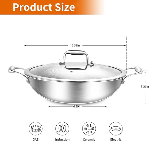 Miniatura 3 de DELARLO Wok Pan de 12 pulgadas con tapa, acero inoxidable de tres capas, antiadherente, apto para horno hasta 600F, capacidad de 5 cuartos de galón,