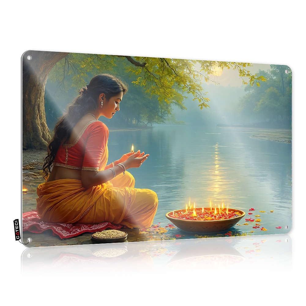 Fzfn Colour Outdoor Farmhouse Decor Basement Bar Plaques - A Woman In Traditional Attire Performs A Ritual By A Serene Lake Reusable Rustic Wall Hanging(30X40cm)