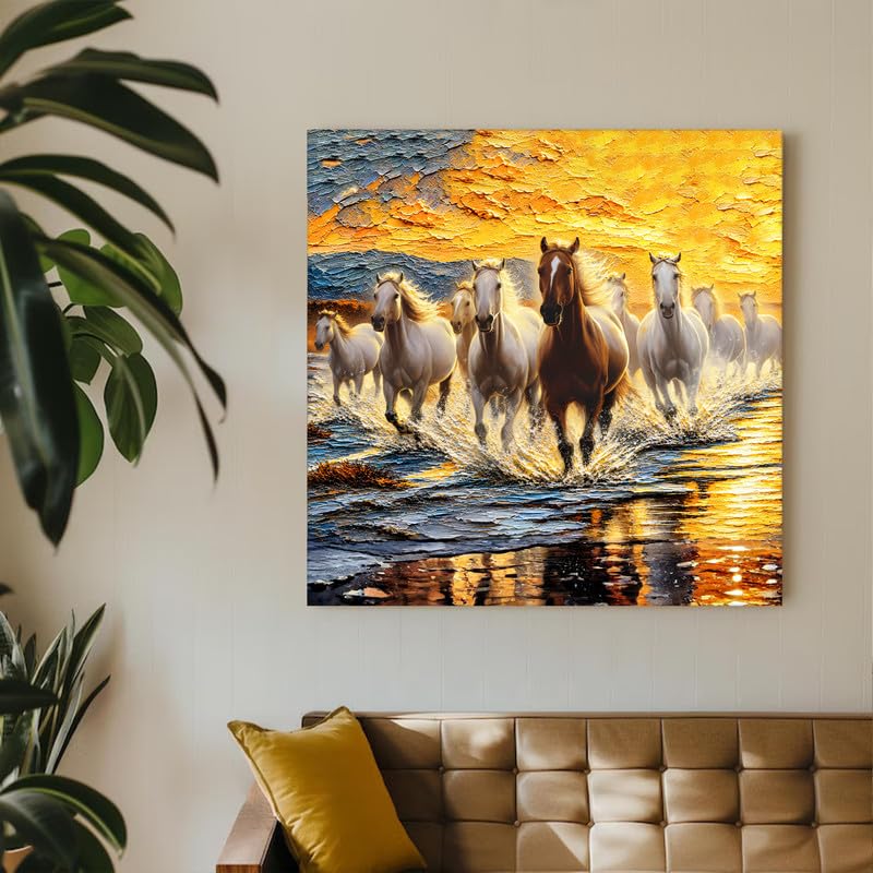 Image of PAINTINGMANTRA 9 Running Horses Vastu Stretched Canvas Painting For Living Room| Strength & Forward Energy Nine Horse Painting for Bed Room, Home & Office, 22x22 Inch