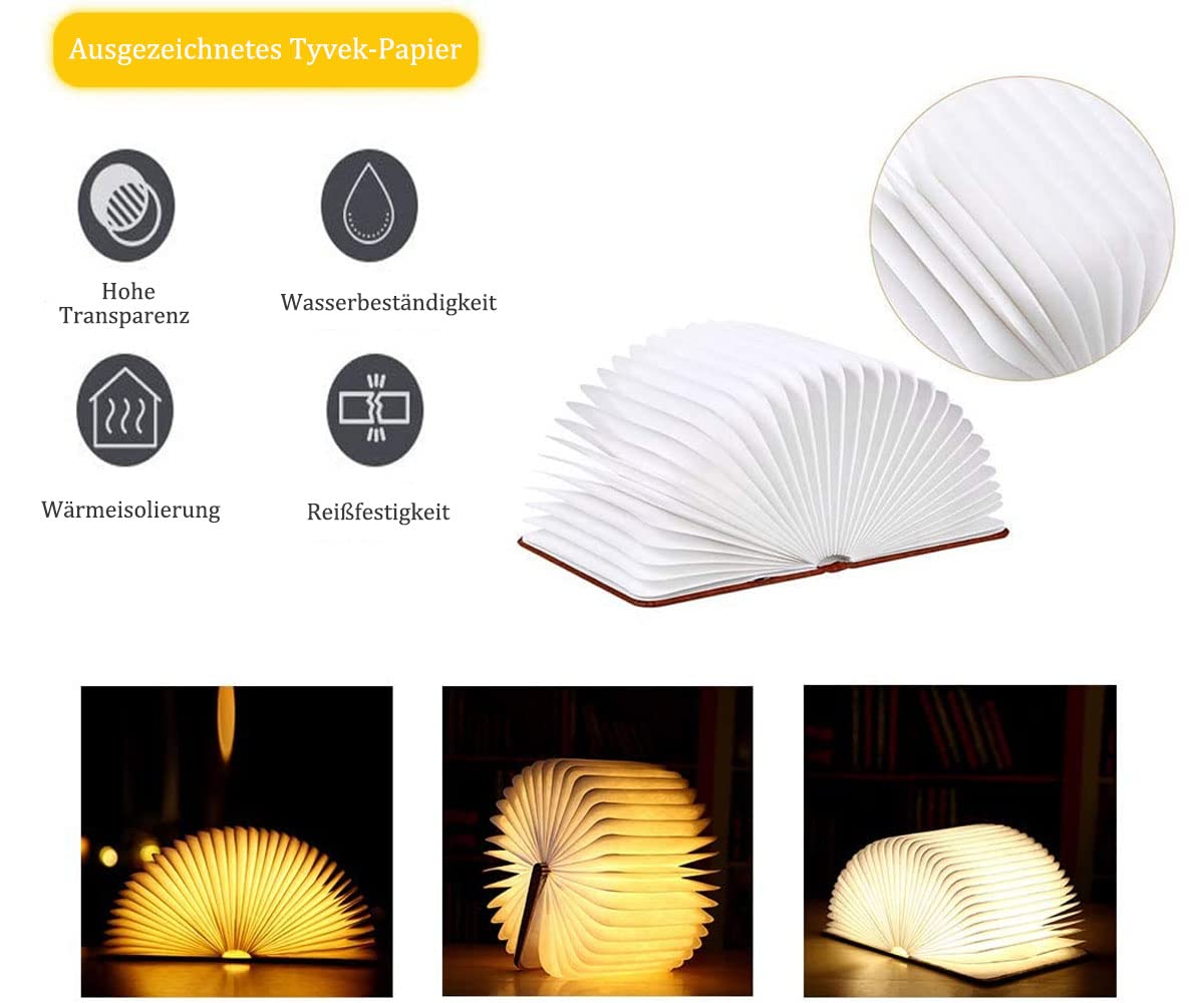 LED Livre Lampes Pliante Rechargeable par USB, lumière LED magnétique en bois avec Batterie Lithium en Bois en Papier DuPont Veilleuse Lampe de chevet, Couleur Noyer (22x16x2.5cm)