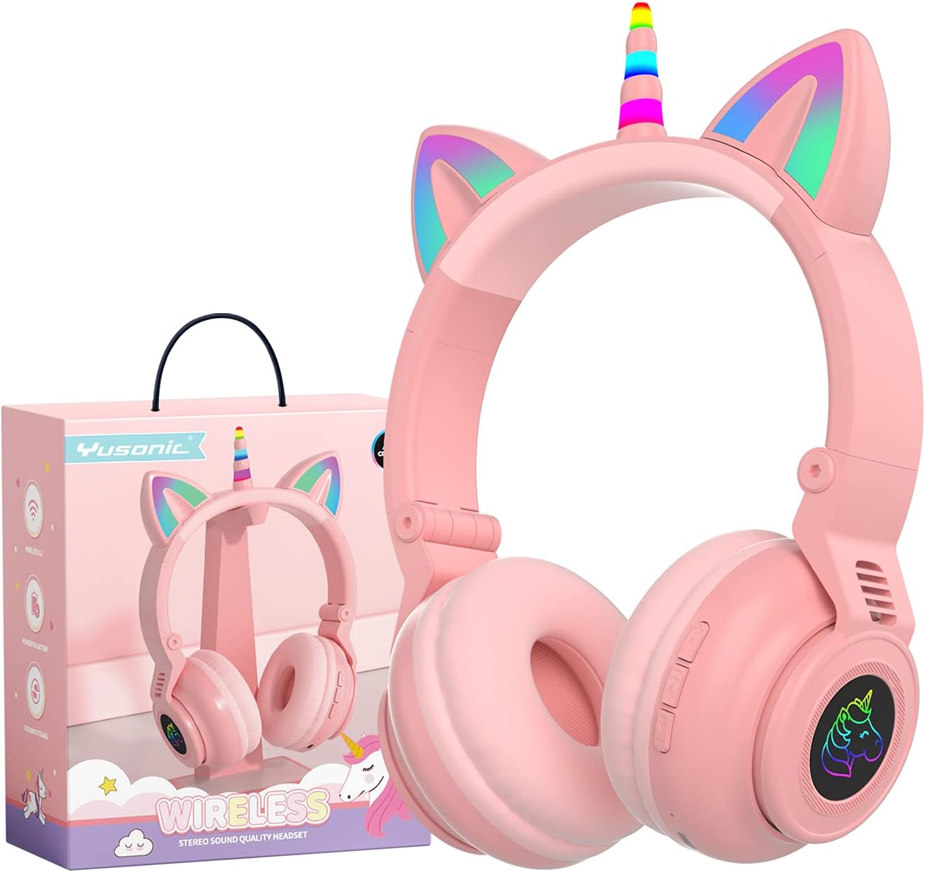 YUSONIC Unicorn Headphones, Bluetooth Headphones for Girls, Light up Wireless Kids Headphones for Birthday Travel School Gifts (pink)