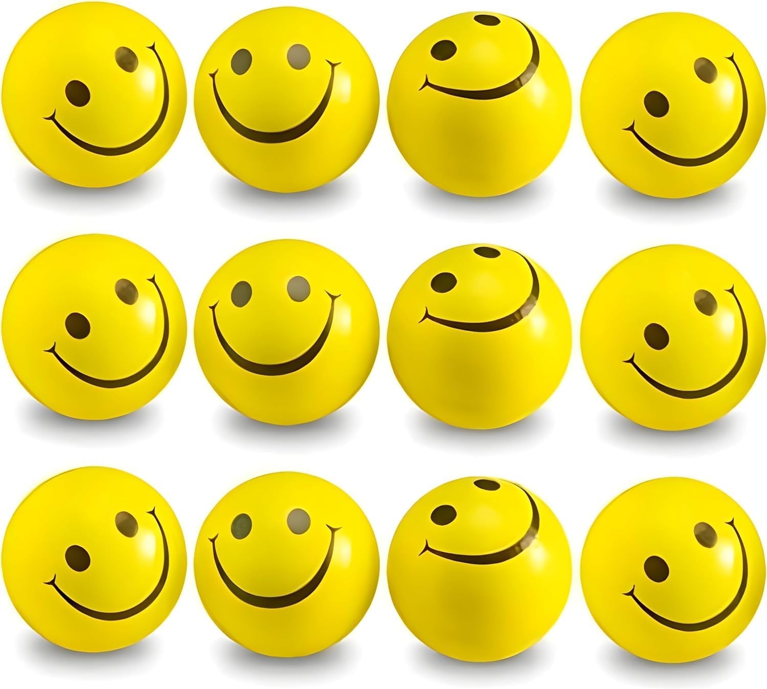 GRAPHENE 12 Pcs Soft Squeeze Squishy Smiley Foam Sponge Ball Stress Relief Yellow Emoji Happy Smiley Face Printed Standard Size Toy Hand Exercise Balls Set for Kids Adults Light Weight Non Toxic Toy