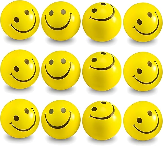 GRAPHENE 12 Pcs Soft Squeeze Squishy Smiley Foam Sponge Ball Stress Relief Yellow Emoji Happy Smiley Face Printed Standard Size Toy Hand Exercise Balls Set for Kids Adults Light Weight Non Toxic Toy